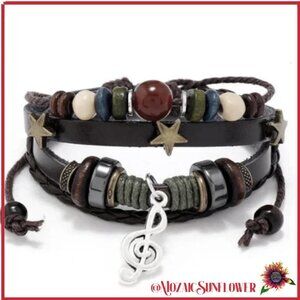Leather Handmade Multilayer Black Bracelets With Beadwork and Music Clef Note